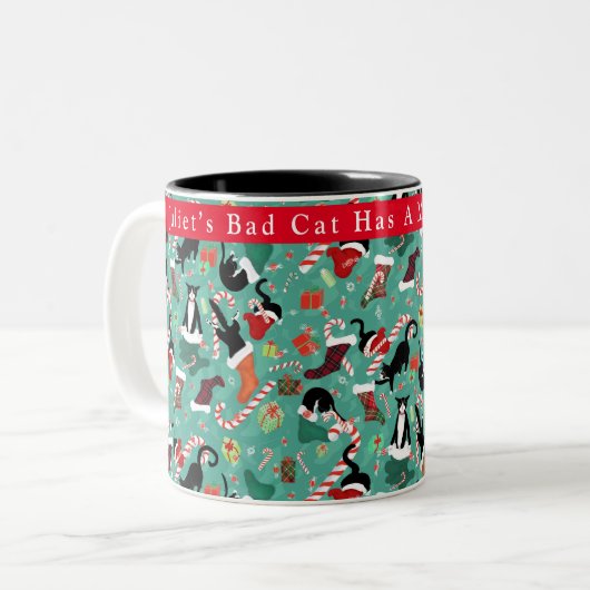 Funny Christmas Cat Mischief Personalisiert Zweifarbige Tasse (Vorderseite Links)
