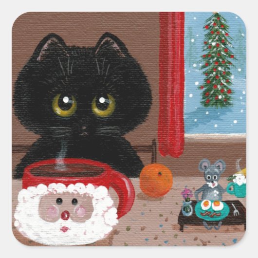 Funny Christmas Cat Mouse Creationarts Quadratischer Aufkleber (Vorderseite)