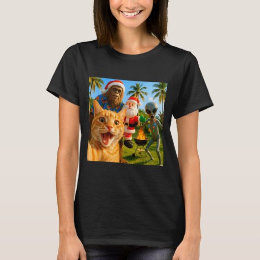 Funny Christmas Cat Selfie With Bigfoot & Alie T-Shirt (Vorderseite)