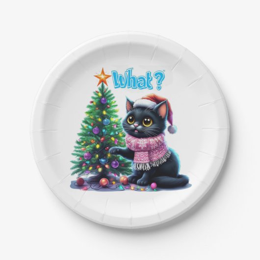 Funny Christmas Cat Was mit Baumsticker Pappteller (Vorderseite)