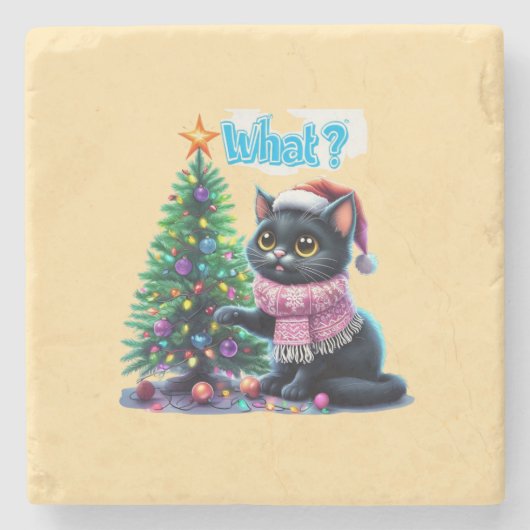 Funny Christmas Cat Was mit Baumsticker Steinuntersetzer (Vorderseite)