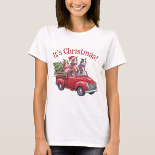 Funny Christmas Cats in Red Truck T-Shirt