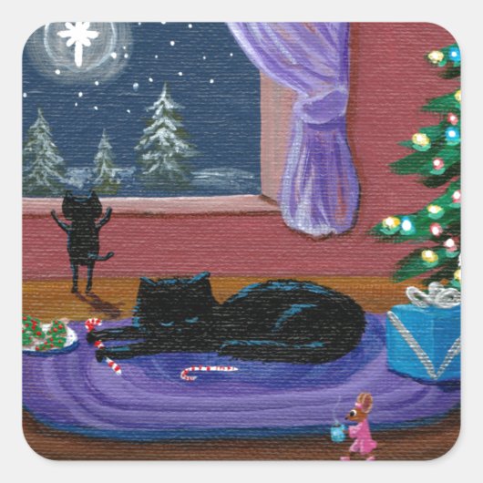 Funny Christmas Cats Tree Creationarts Quadratischer Aufkleber (Vorderseite)