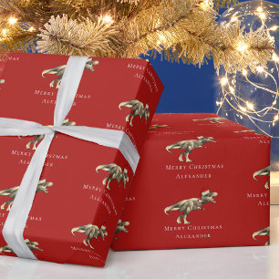 Funny Christmas Dinosaurier Personalisiert Red Geschenkpapier