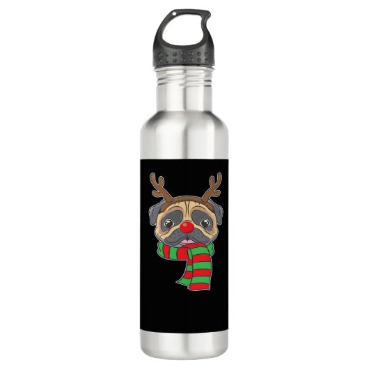 Funny Christmas Dog Xmas Reindeer Pug Holiday Gift Edelstahlflasche (Vorderseite)