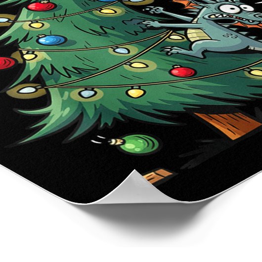 Funny Christmas Dragon Wrecking The Tree Holiday P Poster (Ecke)