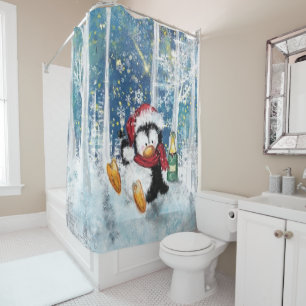 Funny Christmas Dusche Vorhang Happy Pinguin