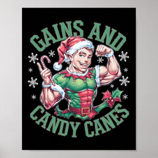 Funny Christmas Elf Gym Workout Gains And Candy Ca Poster (Vorne)