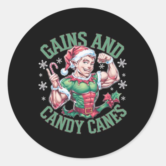 Funny Christmas Elf Gym Workout Gains And Candy Ca Runder Aufkleber (Vorderseite)