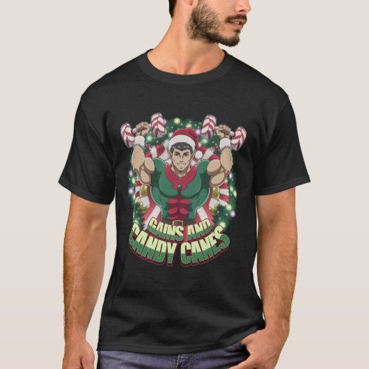 Funny Christmas Elf Gym Workout Gains And Candy Ca T-Shirt (Vorderseite)