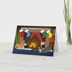 Funny Christmas Fireplace Corgis Christmas Card Feiertagskarte