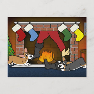 Funny Christmas Fireplace Corgis Feiertagspostkarte