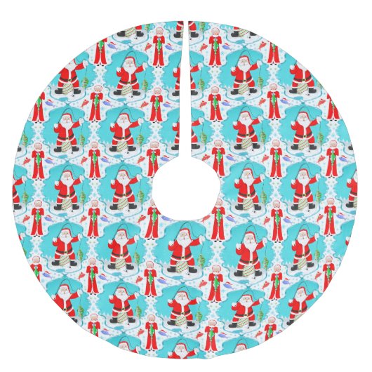 Funny Christmas Frau Claus beats Santa beim Angeln Polyester Weihnachtsbaumdecke (Vorderseite)