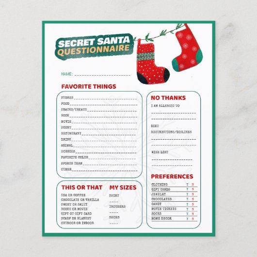 Funny Christmas Game Secret Santa Questionnaire (Vorderseite)