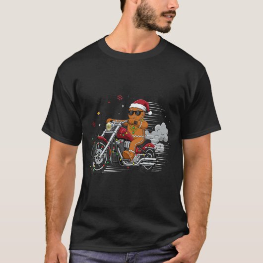 Funny Christmas Gingerbread Man Biker Riding A Mot T-Shirt (Vorderseite)