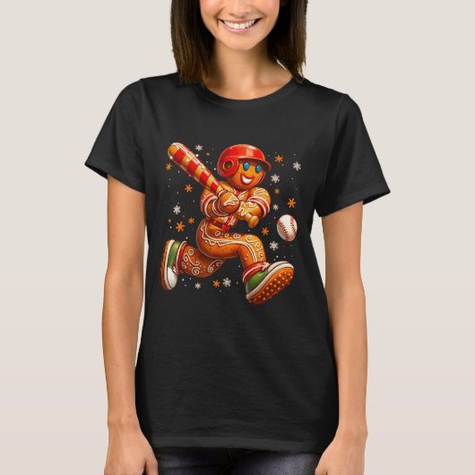 Funny Christmas Gingerbread Man Playing Baseball C T-Shirt (Vorderseite)