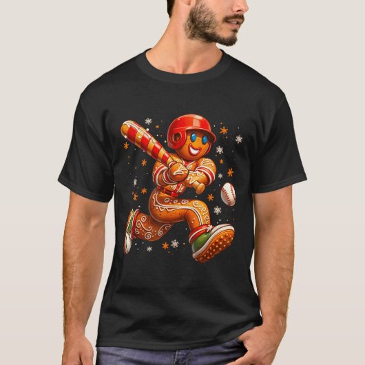 Funny Christmas Gingerbread Man Playing Baseball C T-Shirt (Vorderseite)