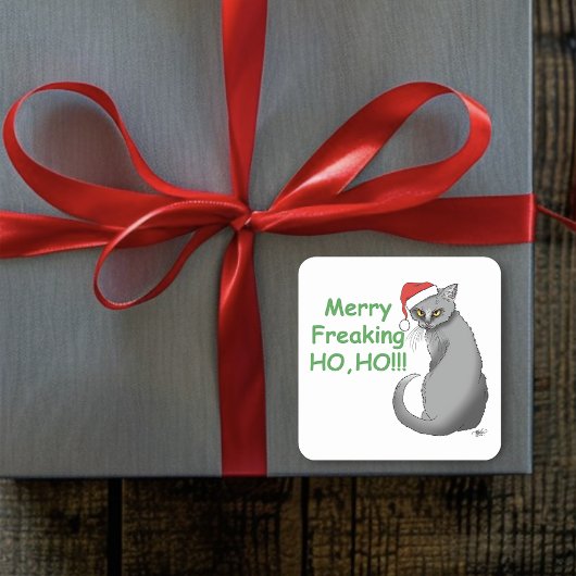 Funny Christmas Gray Cat Quadratischer Aufkleber