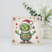 Funny Christmas Green Alien Feiertagskarte (Stehend Vorderseite)