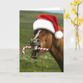 Funny Christmas horse with Santa hat smiling Karte (Gelbe Blume)