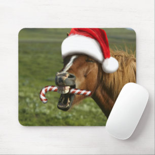 Funny Christmas horse with Santa hat smiling Mousepad