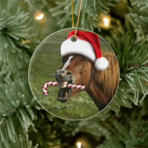 Funny Christmas horse with Santa Smiling Keramik Ornament