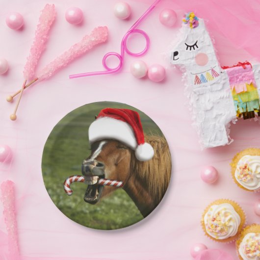 Funny Christmas horse with Santa Smiling Pappteller (Party)