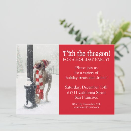 Funny Christmas Hund Licks Pole Einladung (Stehend Vorderseite)