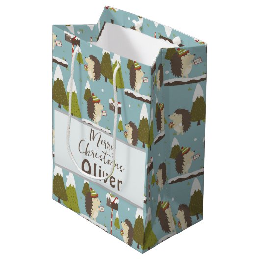 Funny Christmas Igel Kinder Name Mittlere Geschenktüte (Vorderseite Schrägansicht)