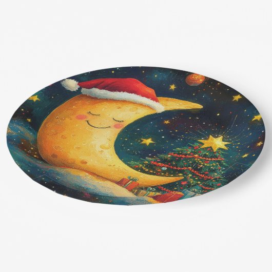 Funny Christmas Moon Galaxy Feier Pappteller (Schrägansicht)