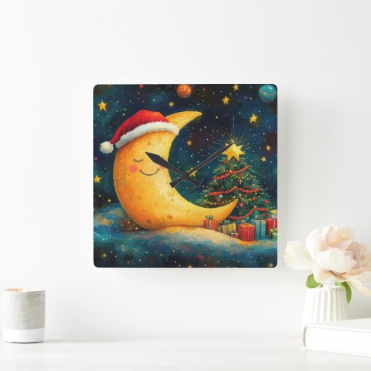 Funny Christmas Moon Galaxy Feier Quadratische Wanduhr (Zuhause)
