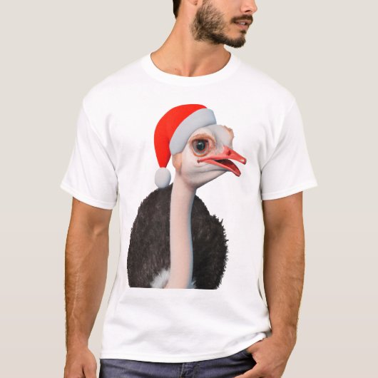 Funny Christmas Ostrich in der Weihnachtsmannmütze T-Shirt (Vorderseite)