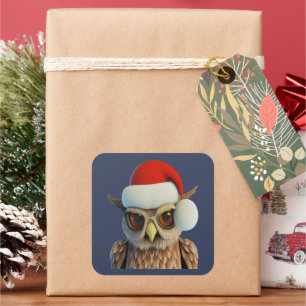 Funny Christmas Owl Tragend Weihnachtsmannmütze Quadratischer Aufkleber
