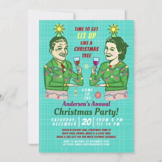 Funny Christmas Party Retro Erwachsene trinken Lit Einladung (Vorderseite)