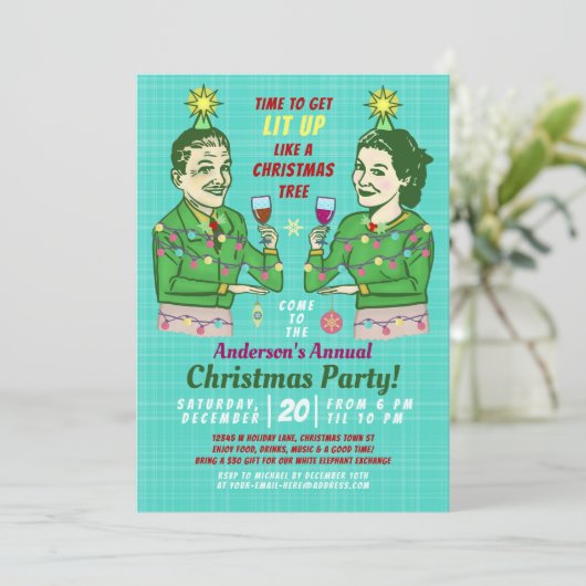 Funny Christmas Party Retro Erwachsene trinken Lit Einladung (Stehend Vorderseite)