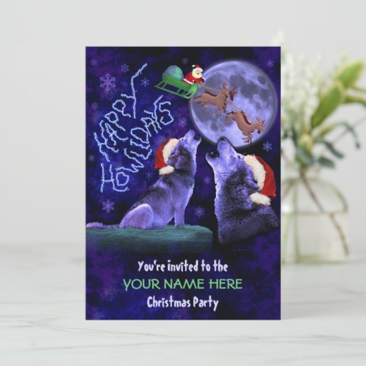 Funny Christmas Party Ugly Sweater Wolf Puff Einladung (Stehend Vorderseite)