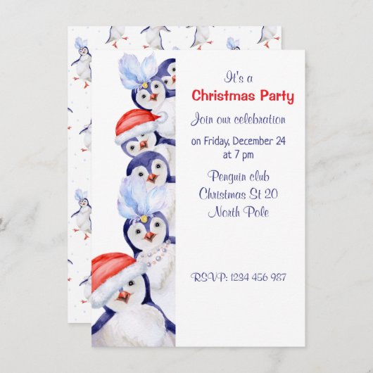 Funny Christmas Penguins Aquarellfarben Einladung (Vorne/Hinten)