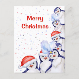 Funny Christmas Penguins Watercolor Feiertagspostkarte