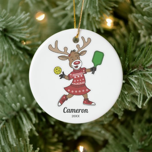 Funny Christmas Pickleball Reindeer, Custom Foto Keramik Ornament (Baum)