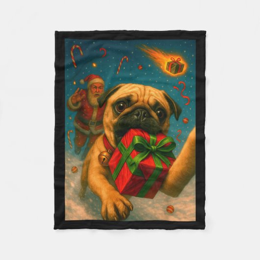 Funny Christmas Pug Shirt - Selfie With Santa Xmas Fleecedecke (Vorderseite)