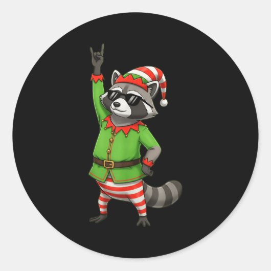 Funny Christmas Raccoon Dressed As Elf With Sungle Runder Aufkleber (Vorderseite)