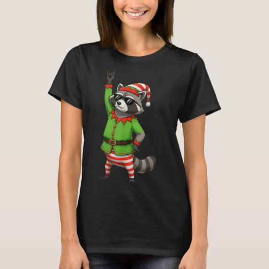 Funny Christmas Raccoon Dressed As Elf With Sungle T-Shirt (Vorderseite)