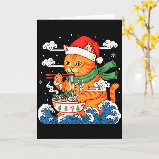 Funny Christmas Ramen Cat Eating Noodles Japanese  Karte (Gelbe Blume)
