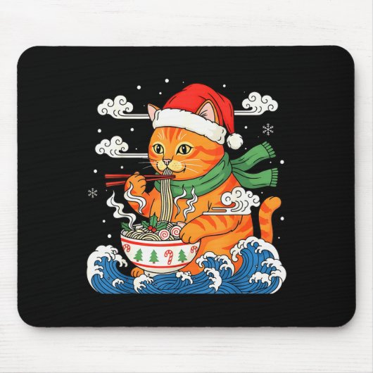 Funny Christmas Ramen Cat Eating Noodles Japanese  Mousepad (Vorne)