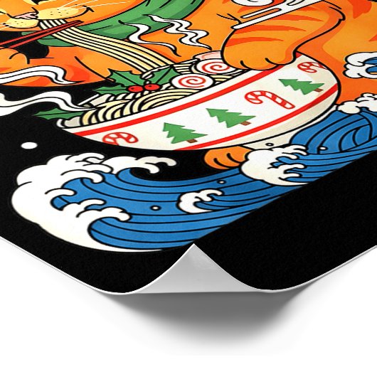 Funny Christmas Ramen Cat Eating Noodles Japanese Poster (Ecke)