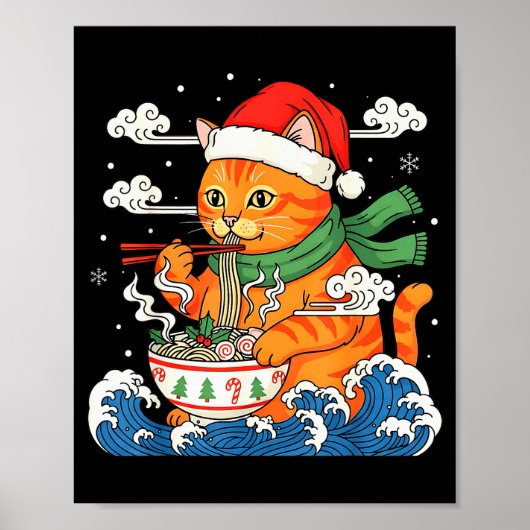 Funny Christmas Ramen Cat Eating Noodles Japanese Poster (Vorne)