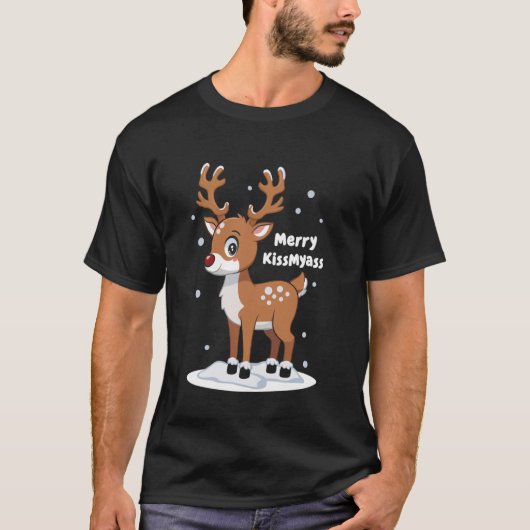 Funny Christmas Reindeer Merry Kissmyass T-Shirt (Vorderseite)