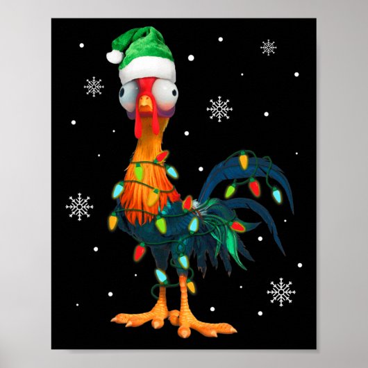 Funny Christmas Rooster im Weihnachtslicht ummante Poster (Vorne)