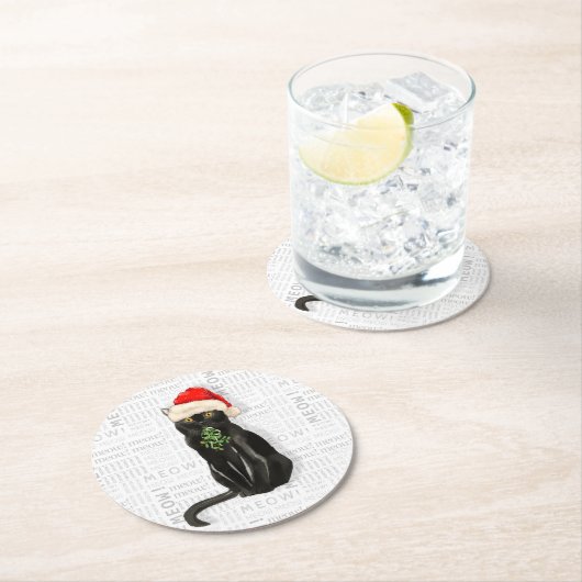 Funny Christmas Santa Black Bombay Cat Runder Pappuntersetzer (Vor Ort)