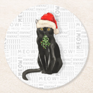 Funny Christmas Santa Black Bombay Cat Runder Pappuntersetzer